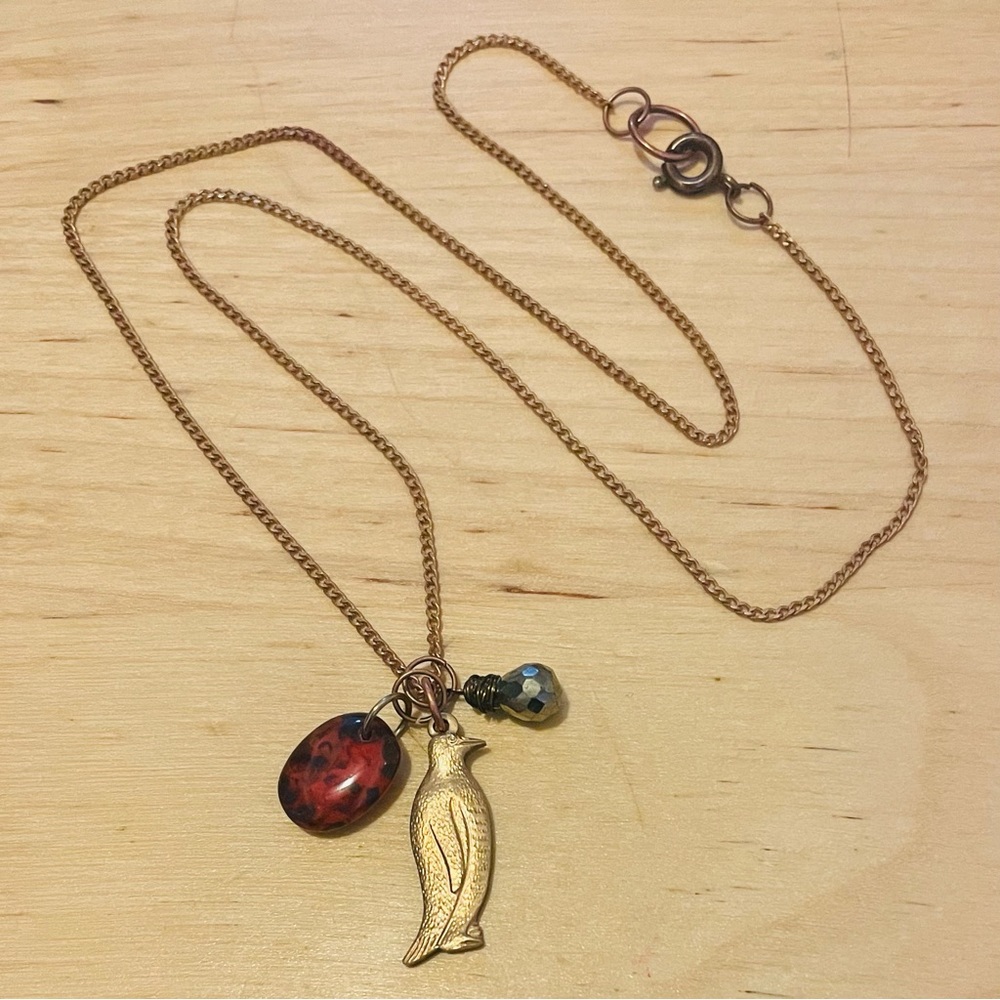 Penguin Bead Charm Gold Tone Copper Necklace
